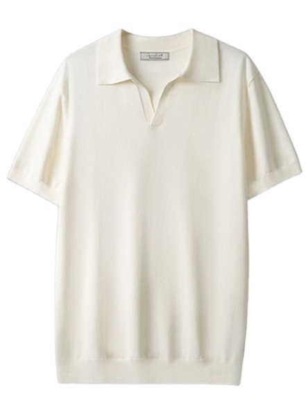 Lapel No Button 100％棉质象牙白色polo衬衫高端商务休闲Slim Snim针织v领短袖男士T恤