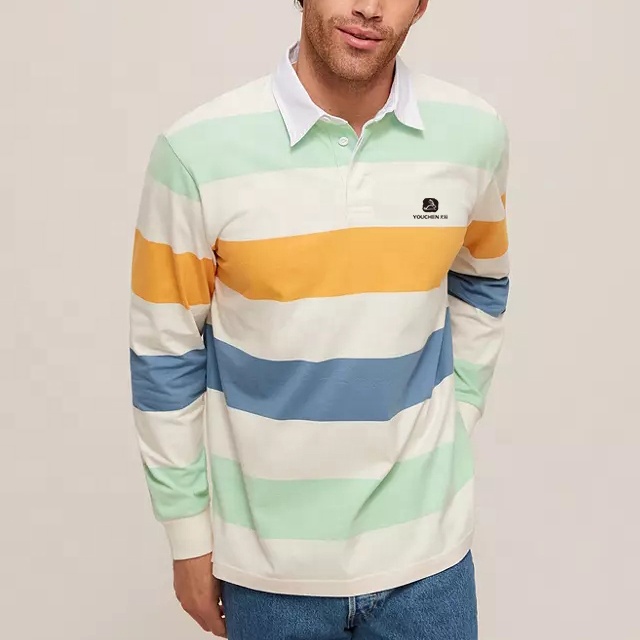 男士100％棉花条纹长袖橄榄球橄榄球衫式男士定制刺绣徽标