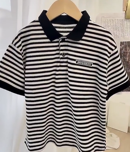 Kyii条纹短袖休闲男孩棉花夏季松散衬衫韩国衬衫Kyb041