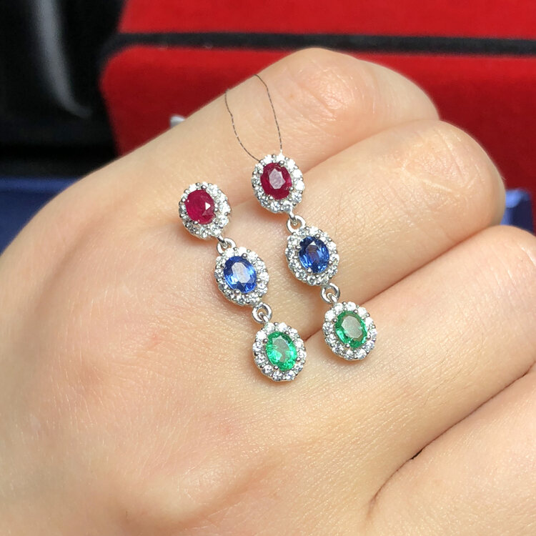Colored gemstone jewelry 925 pounds set with natural colored stone earrings 3 * 4 finished gemstone earrings