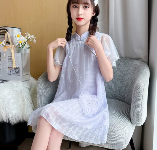 Kyii儿童女孩夏季圆颈连衣裙短袖休闲宽松连衣裙kyii0163