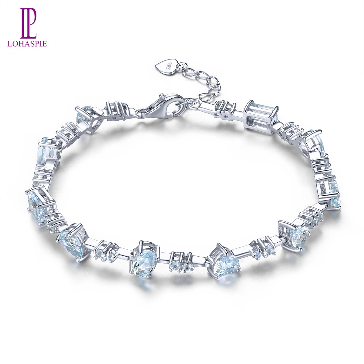 lohaspie珠宝真实4.5克拉斯纯银925原始天然海蓝宝石手链浅蓝色宝石海蓝宝石手链女性诞生石珠宝