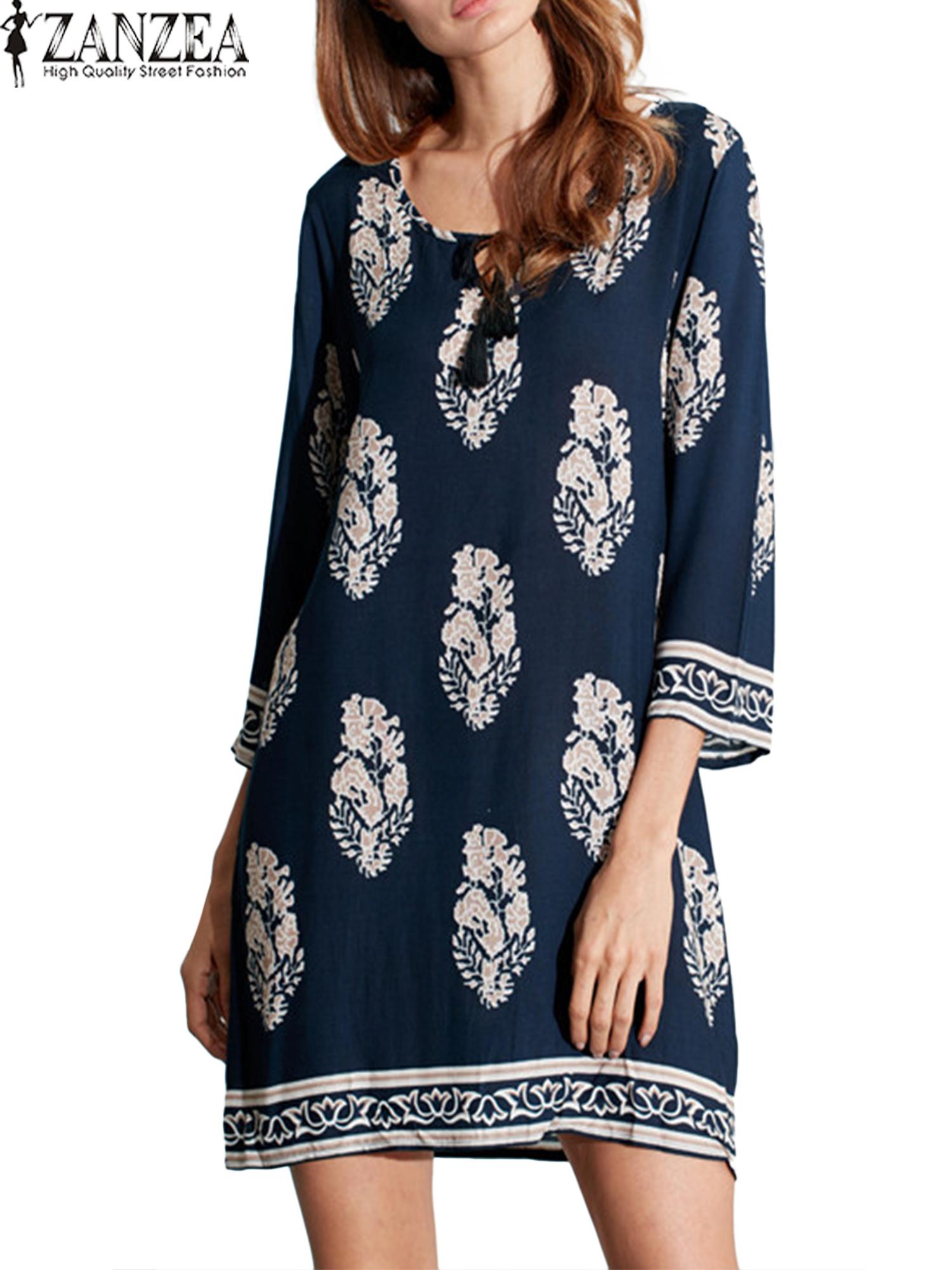 Zanzea妇女复古花卉印花连衣裙秋季休闲迷你鞋带鞋带3/4袖子海滩连衣裙 -  INTL