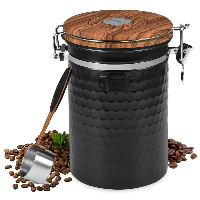 【准备库存】用真空盖1公斤咖啡豆的气密咖啡罐（咖啡茶容器，带有香气密封的不锈钢储物罐，储物罐，1000克咖啡）哑光黑色（2800毫升）