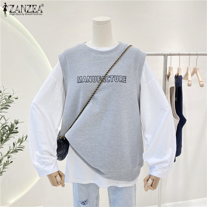 Zanzea妇女的简单后一种刺绣固体坦克无袖船员脖子针织背心＃4