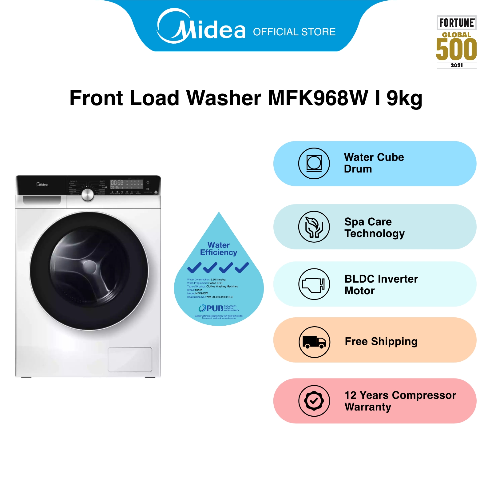 [笨重] MIDEA MFK968W白色前负荷洗衣机，9kg，水效率4滴答