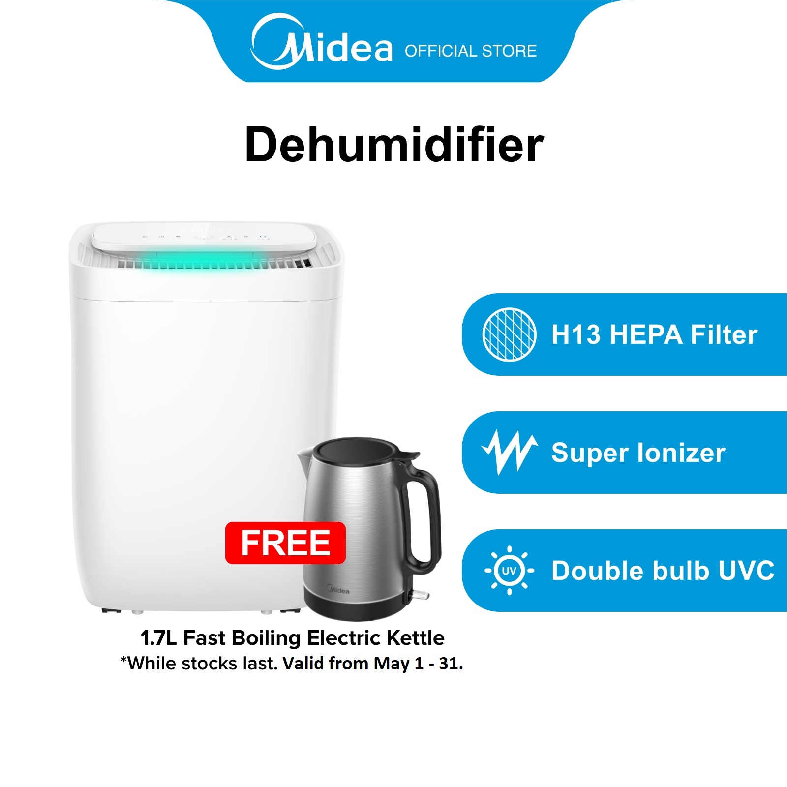 MIDEA MDDQ1-12DEN7 2 in-1除湿剂 +带有H13 HEPA滤波器和双鳞茎UVC的空气净化器可去除高达99.9％的病毒，12L