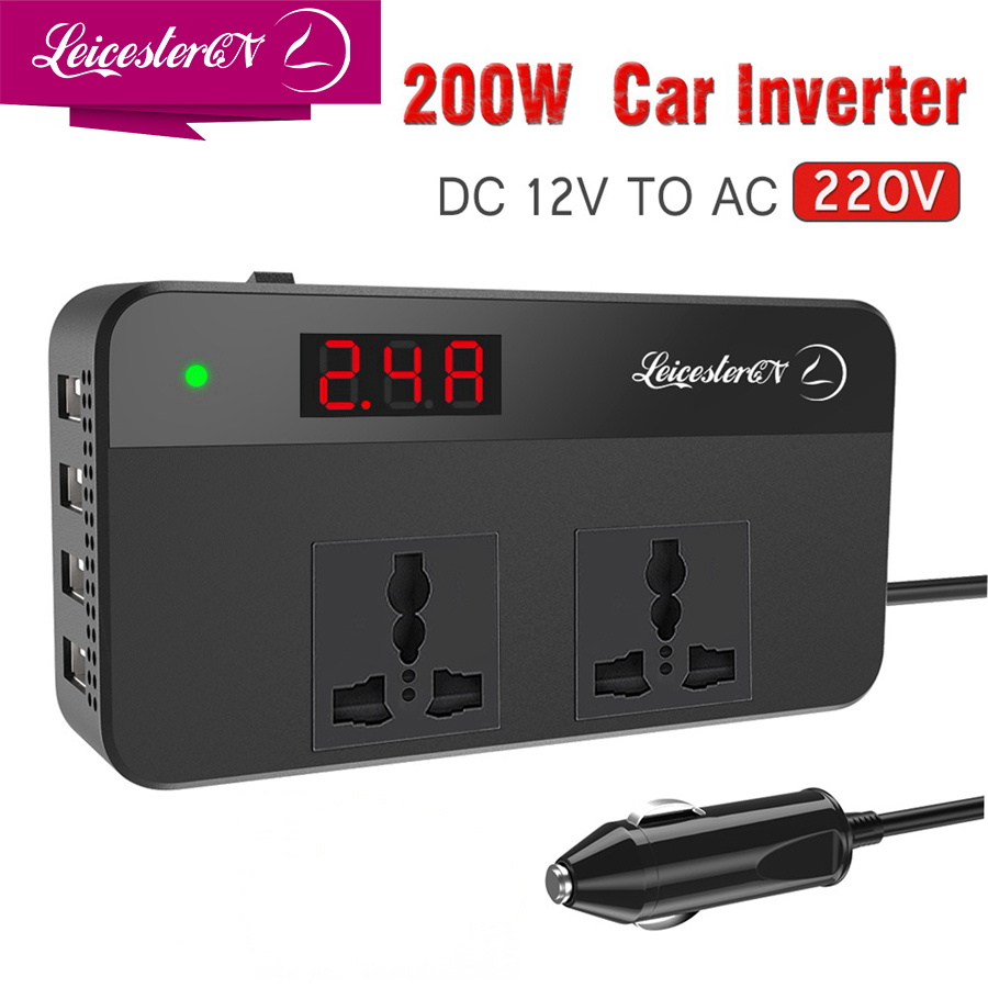 LST 200W汽车电源转换器转换器DC12V to AC220V 2 AC插座4 USB充电器（2.4a Max*2+QC3.0*2快速充电）汽车配件电源转换器带有数字显示器