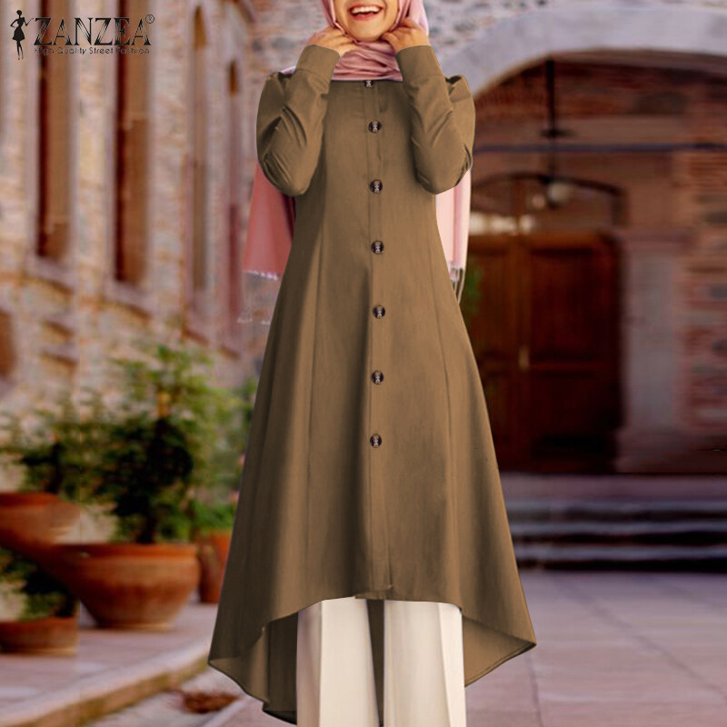 Zanzea妇女穆斯林迪拜晚上长上衣纽扣固体上衣衬衫上衣