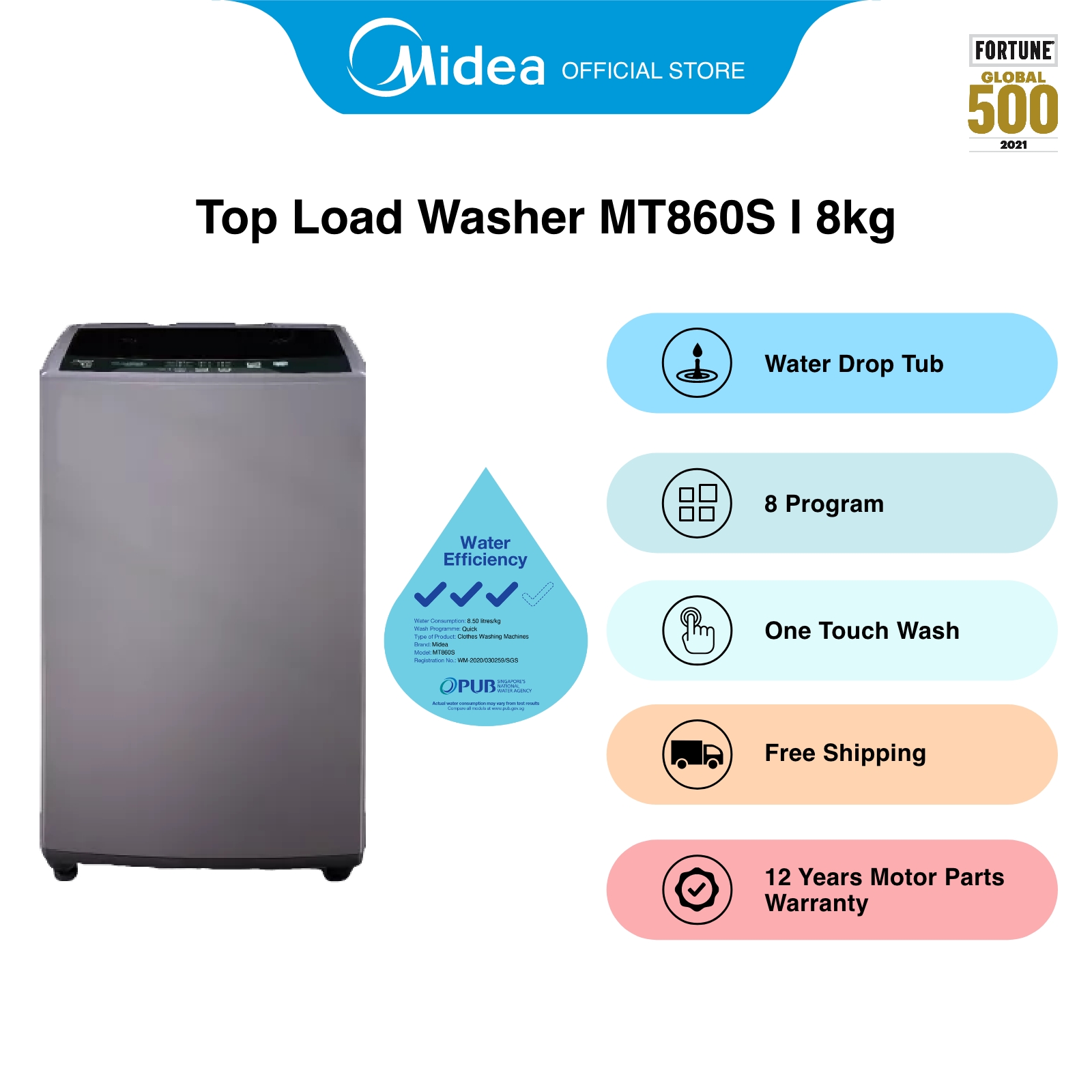 [笨重] MIDEA MT860S灰色一触摸洗衣机洗衣机，8公斤，水效率3滴答