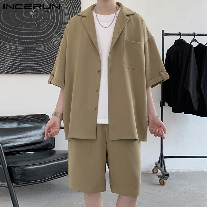 Incerun男士短袖韩国风格休闲服纽扣衬衫弹性腰部短套装（韩国风格）
