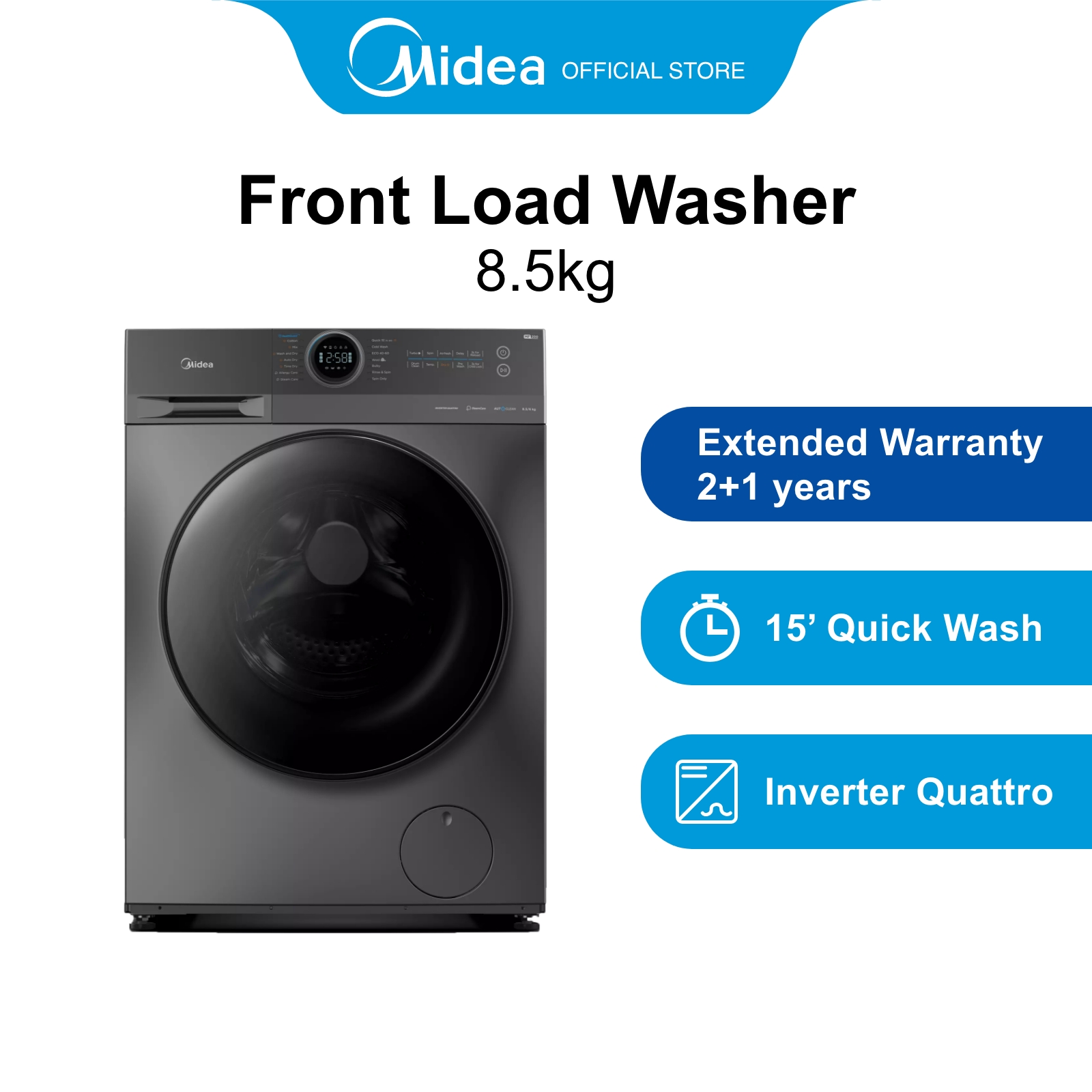 [笨重] MIDEA MF200W85B灰色健康护罩加逆变器前负载垫圈，8.5公斤，水效率3滴答