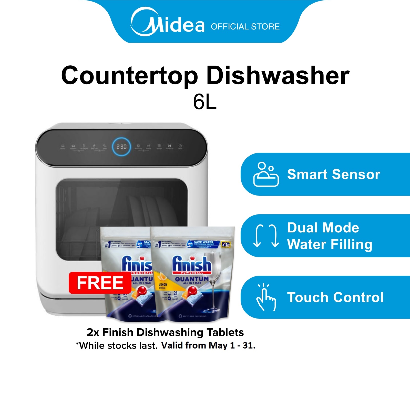 MIDEA MDWS-2703白色健康洗涤迷你Plus洗碗机，6L