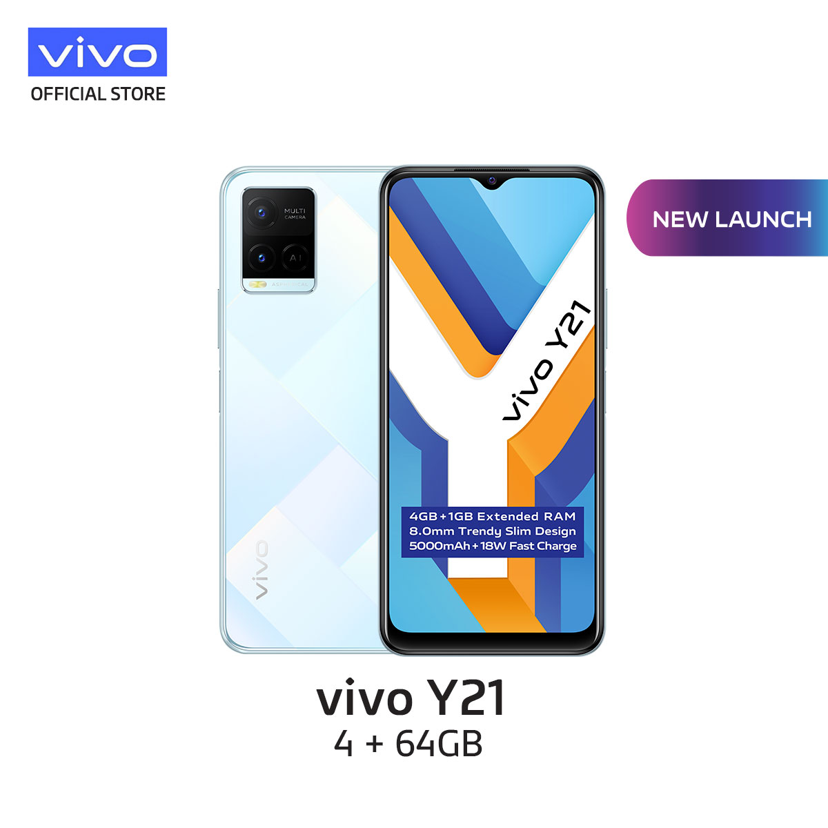 Vivo Y21 [4GB + 1GB/ 64GB]/ 5000mAh + 18W快速充电/ AI后置摄像头系统/ 8.0mm时尚苗条设计【2年保修】