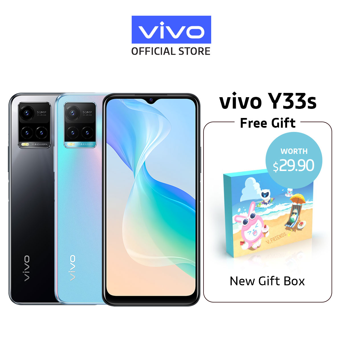 Vivo Y33S [8GB+ 4GB/ 128GB] 50MP三重摄像头/ 8.0mm时尚苗条设计/ 5000mAh+快速充电【2年保修】