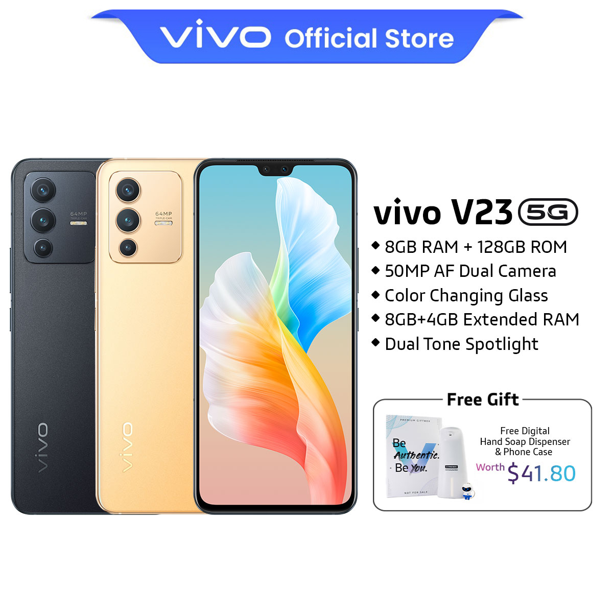 Vivo V23 5G [8GB+4GB/128GB] 50MP AF前双摄像头|彩色充电玻璃| 7.39毫米简单改进|双音聚焦| 105*超广角摄像机【2年保修】