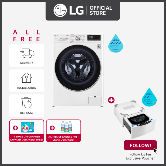 [笨重] LG FV1409S3W 9KG AI直接驱动前负载洗衣机 + LG顶部负载迷你洗衣机TV2425NTWW 2.5公斤蓝色白色 +免费送货 +免费安装 +免费安装 +免费处理