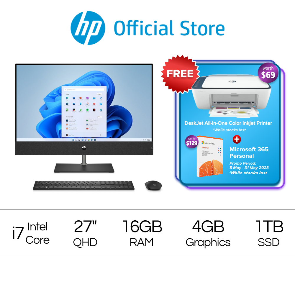 HP PAV 27-CA1010D AIO PC / 12th Gen Intel Core i7 / 27“ QHD（2560 x 1440） / 16GB RAM / 1TB SSD / Windows 11 / McAfee Livesafe / 1年