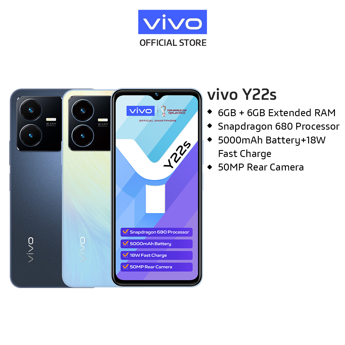 Vivo Y22S [6GB + 6GB扩展RAM] / 5000mAh + 18W快速充电 / 50MP后置摄像头