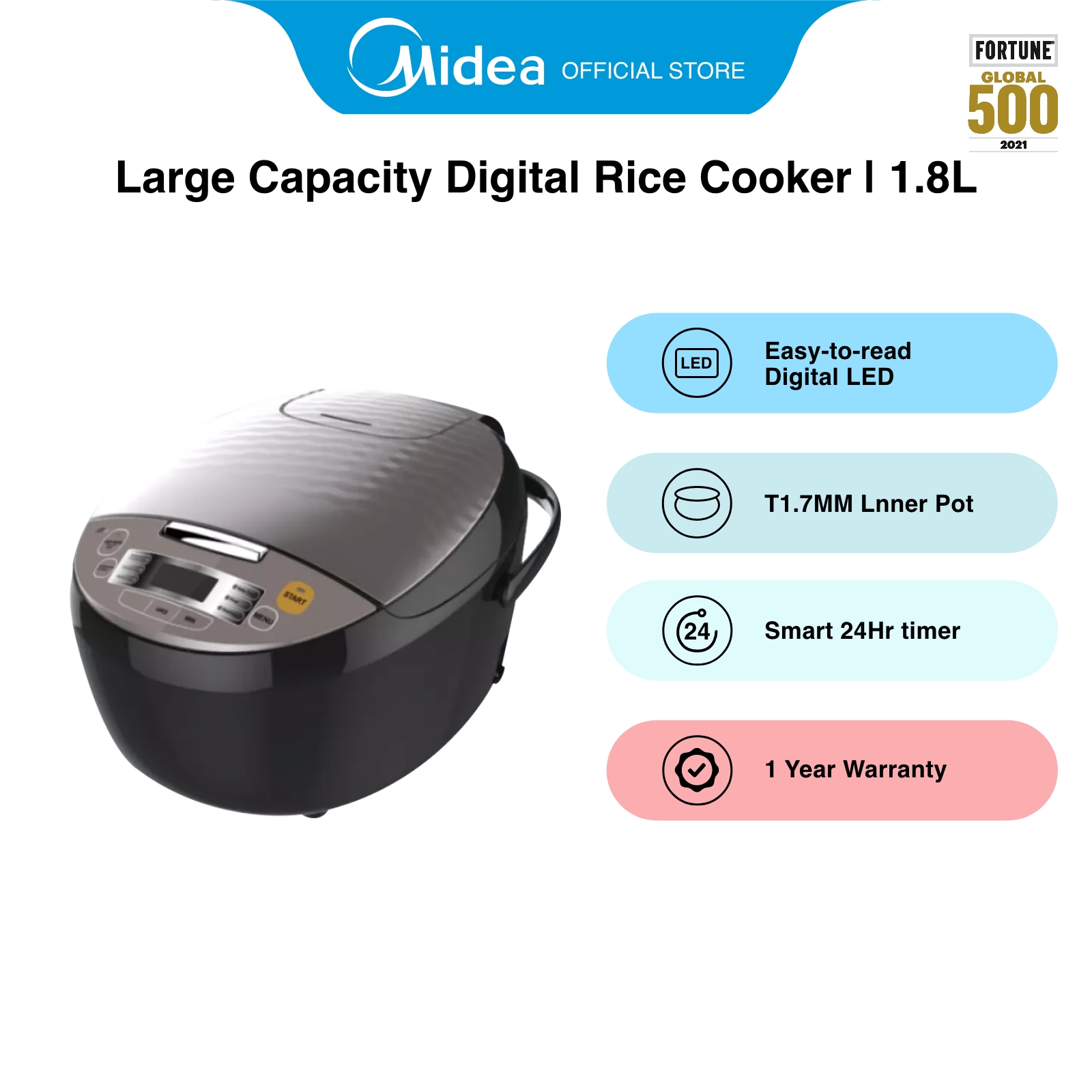 MIDEA MMR5018黑色自动饲养温暖功能稻米，1.8L