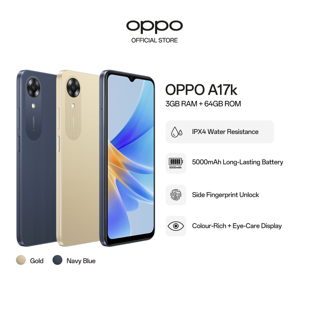 Oppo A17K / IPX4防水 / 5000mAh长持久电池 /侧指纹解锁 / 4GB扩展RAM