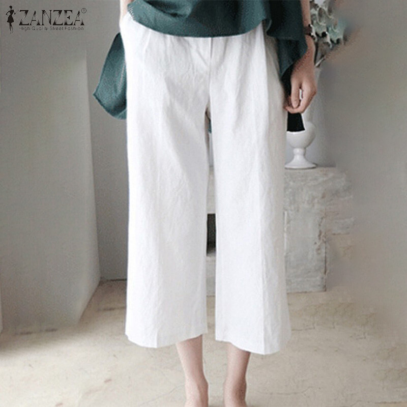 Zanzea女子夏季棉花松散的裁剪裤子弹性腰部固体裤子松弛裤