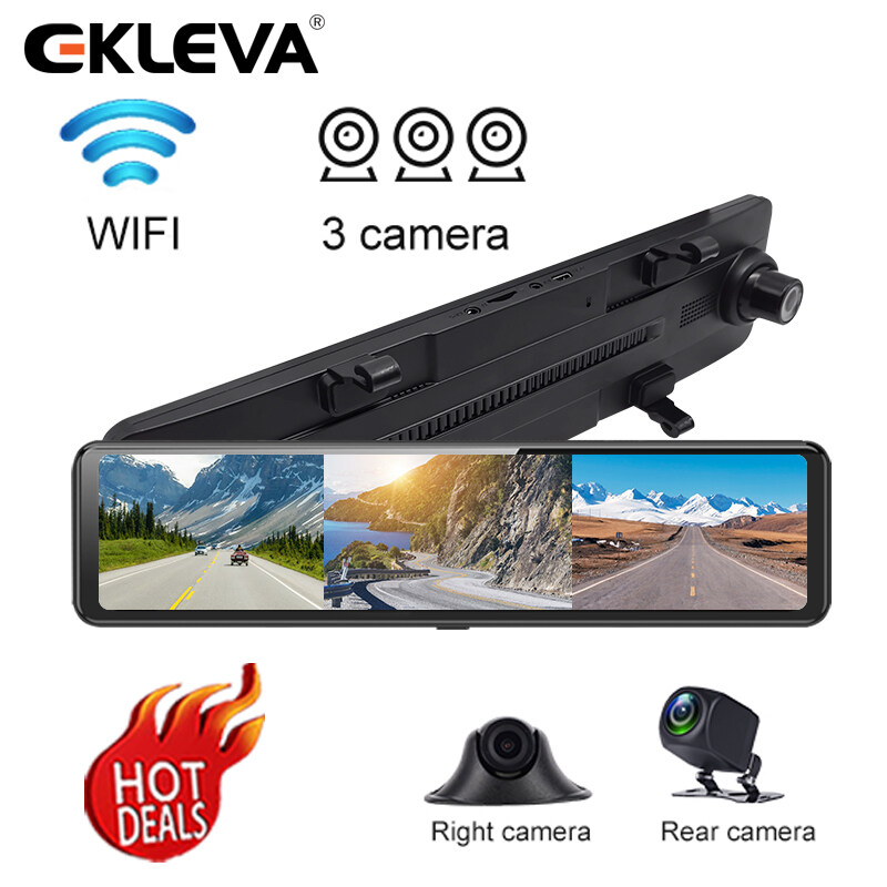 Ekleva 12英寸IPS触摸屏1080p WiFi和应用3相机视图车后视镜摄像头ADAS DVR DASH CAM CAM汽车自动视频记录器