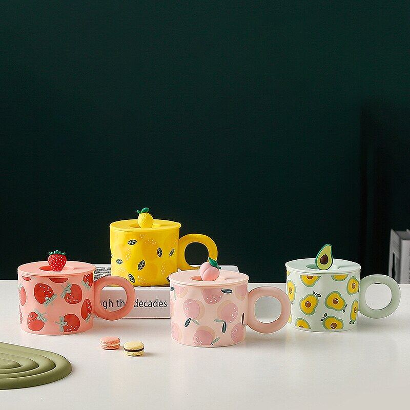 创意水果形状杯子盖上盖子大容量喝酒杯家庭办公室陶瓷早餐牛奶水汁杯夫妇礼物热