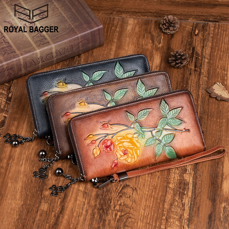 皇家袋装新的女性真正的牛皮皮革长钱包多牌位置手提包趋势钱包复古优雅