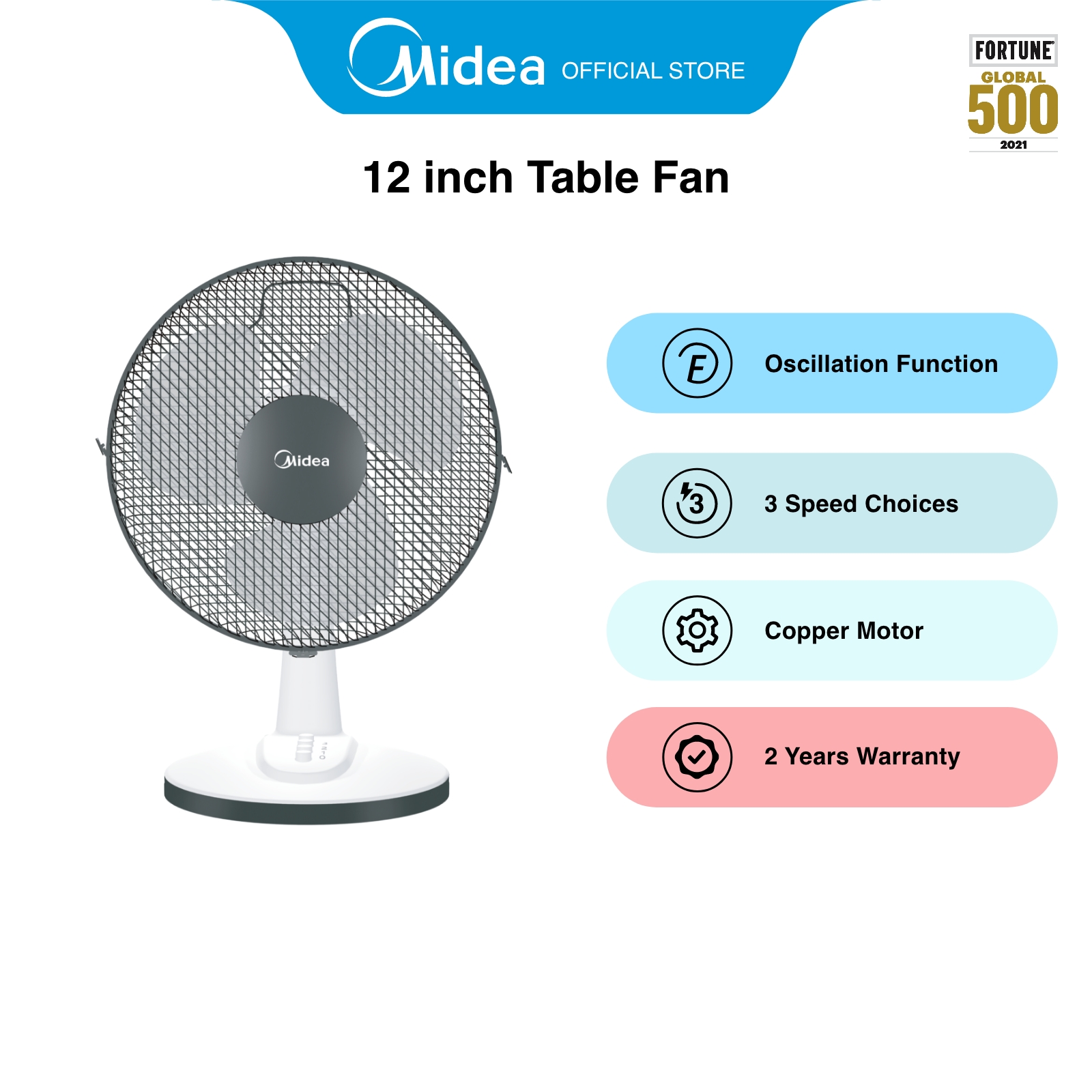 MIDEA MS1315BW白色12英寸光滑的振荡桌风扇，3速度，12英寸