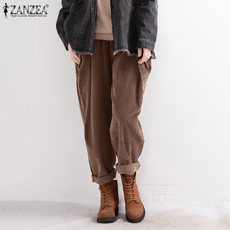 Zanzea妇女弹性腰部灯芯绒宽腿裤休闲宽松的后宫裤子＃8