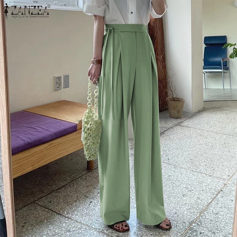 Zanzea韩国风格的女子纽扣绑带高腰部别致的裤子宽腿裤裤子休闲裤
