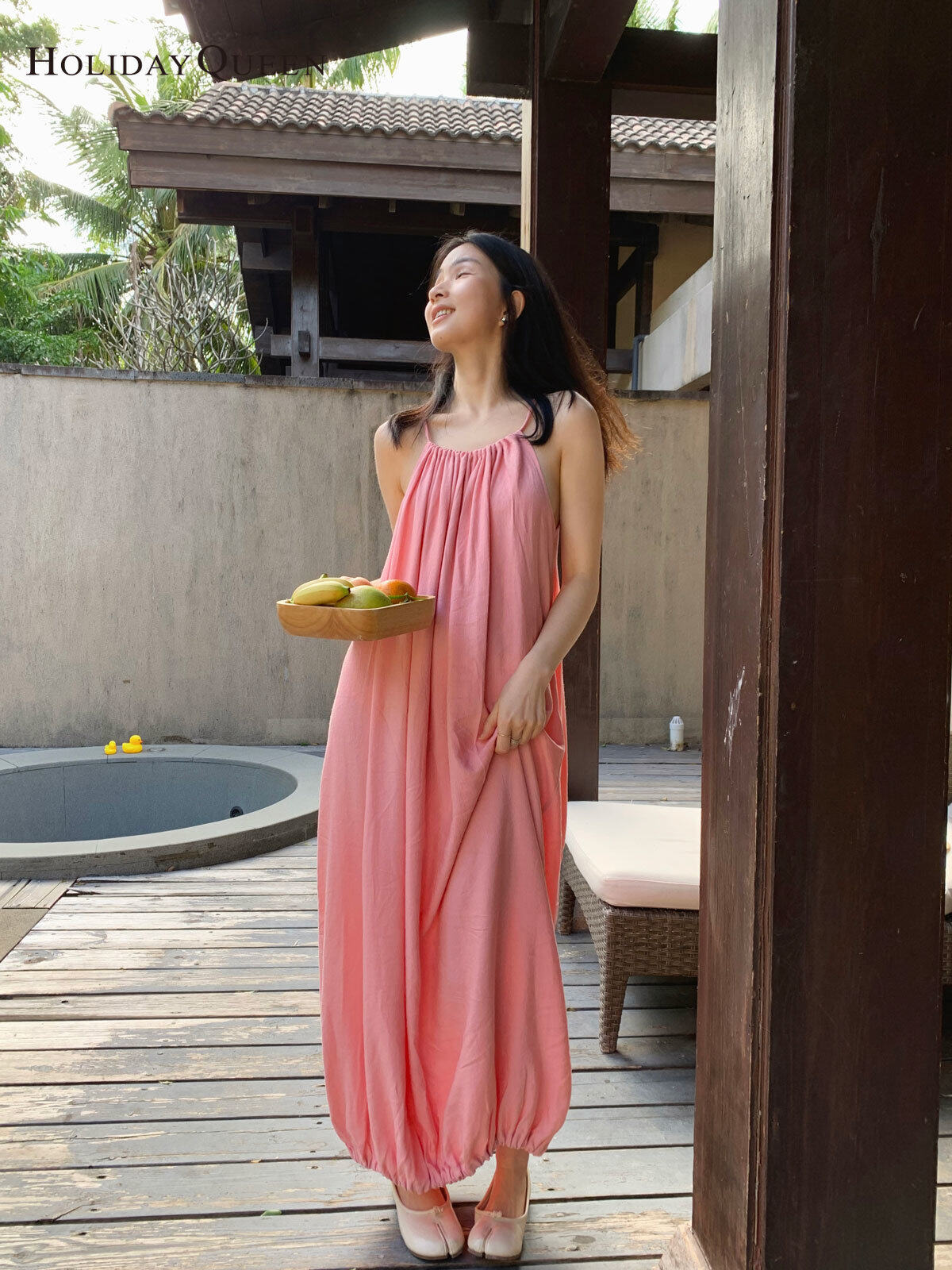 HolidayQueen新的天然亚麻悬挂颈部松散风格的连衣裙HQ2053