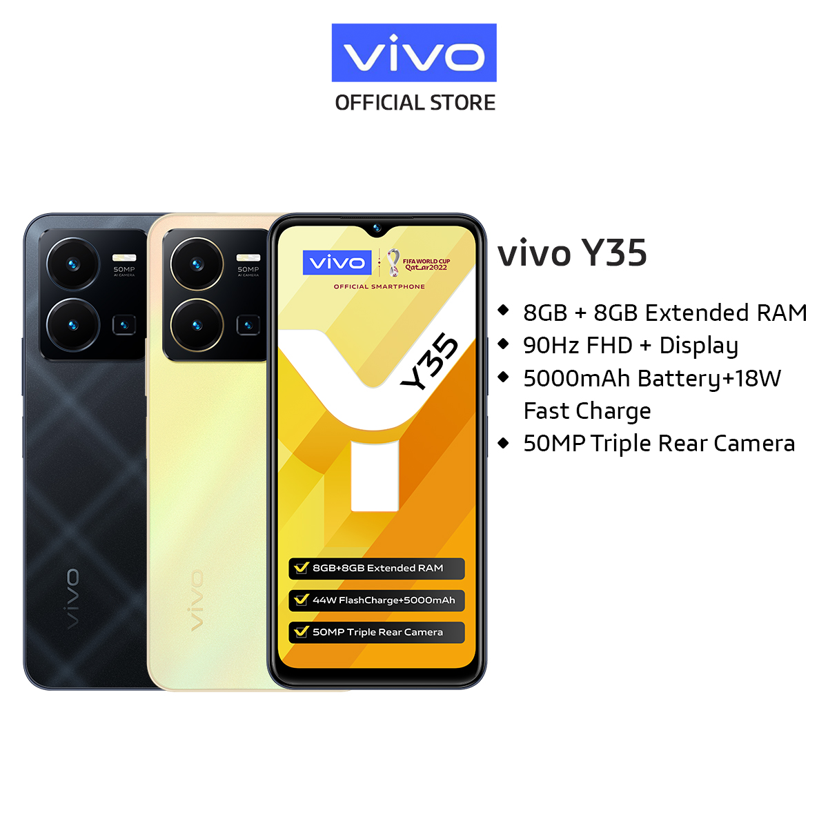 Vivo Y35 [8GB + 8GB / 128GB] / 5000 mAh + 18W快速充电 / 44W闪存 / 50MP主摄像头