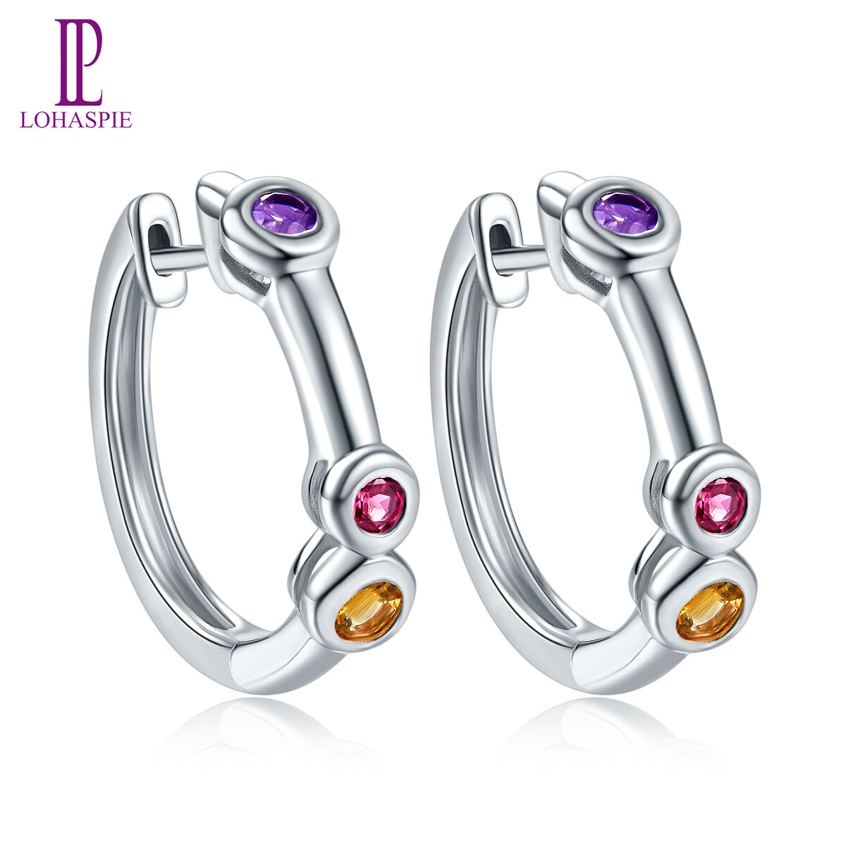 Hoop Huggie Earrings - Real 925 Women's Silver Amethyst Garnet Natural Wedding Jewelry