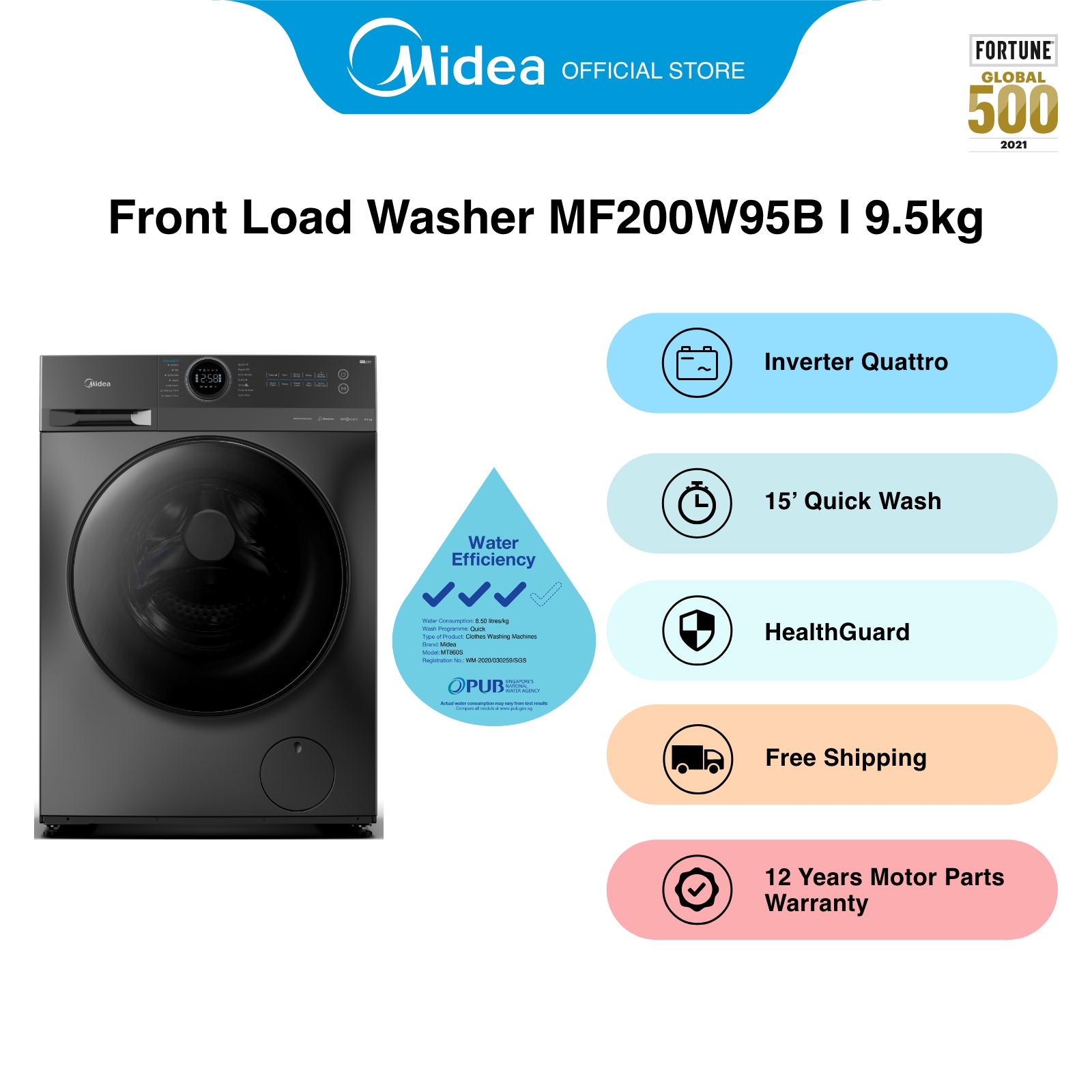 [笨重] MIDEA MF200W95B灰色前负荷垫圈，9.5kg，水效率4滴答
