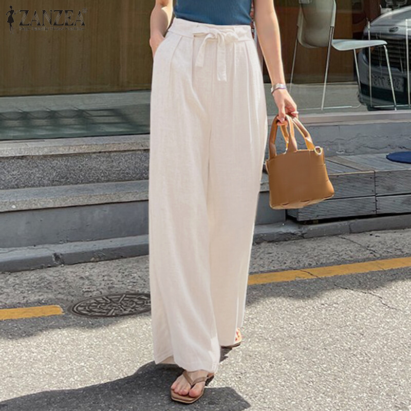 Zanzea韩国风格的女性棉弹性腰部固体直裤子坚固的松散花边褶裤＃10
