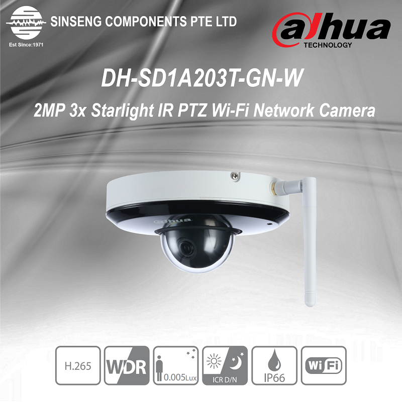 Dahua WiFi 2MP 3X光学变焦CCTV星光IR PTZ网络IP摄像机带有SD插槽[订单型号：DH-SD1A203T-GN-W]