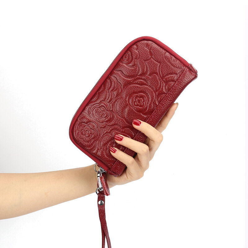 皇家袋装真正的牛皮革新时尚双拉链花长钱包钱包女子女生超级热容量离合器袋手提包女性多功能袋休闲多卡的位置WAL