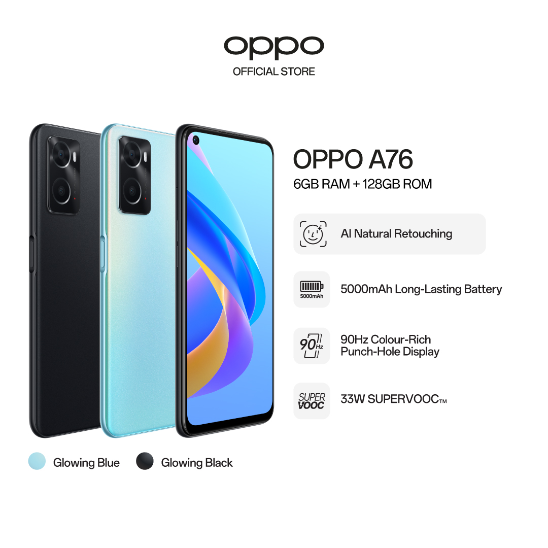 Oppo A76/ Portrait Bokeh Camera/ 90Hz颜色富含的打孔孔显示/ 5000mAh电池/ 6GB RAM + 128 ROM
