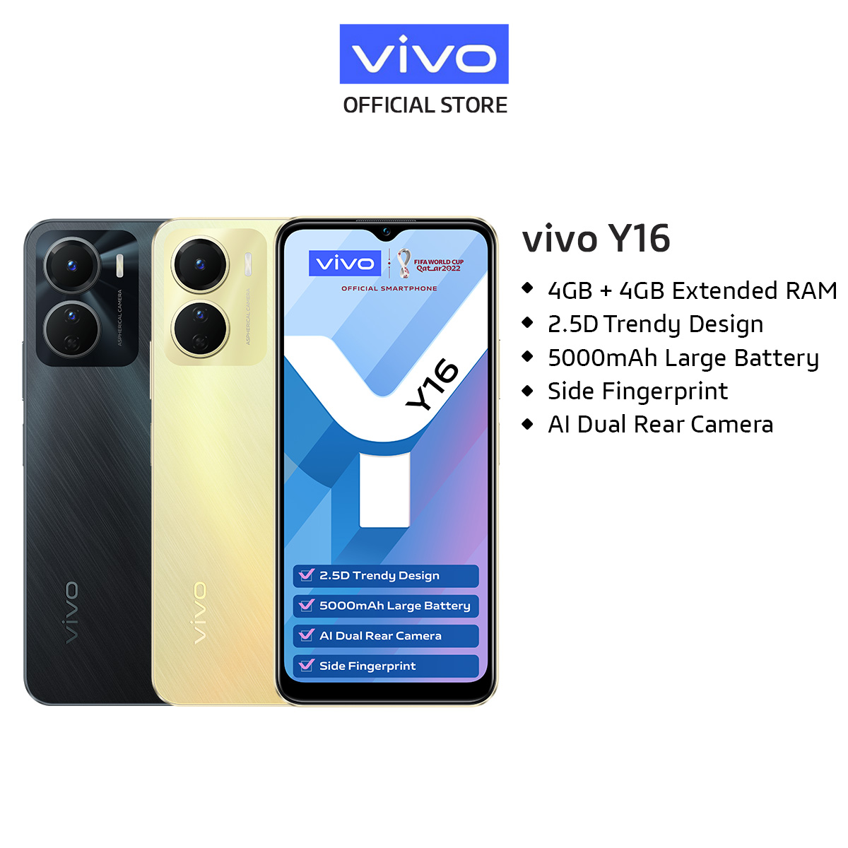 Vivo Y16 [4GB + 4GB扩展RAM / 64GB] / 5000 mAh + 10W / AI双摄像头 / 2.5D时尚设计