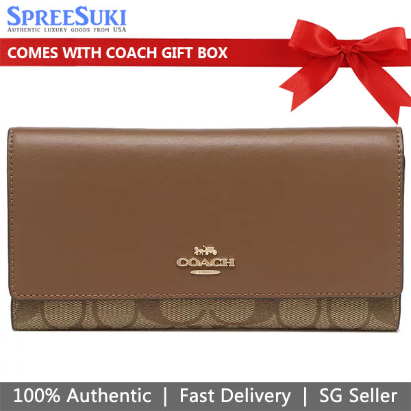 礼品盒中的教练钱包长钱包签名Slim Trifold Wallet Khaki Saddle Brown＃C5966