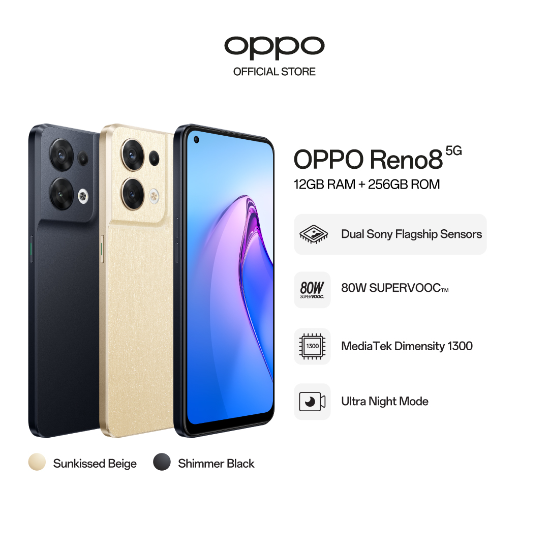 Oppo Reno8 5G（12 + 256） /双索尼旗舰传感器 /夜肖像 / Mediatek Dimente 1300 / 80W SuperVOOC