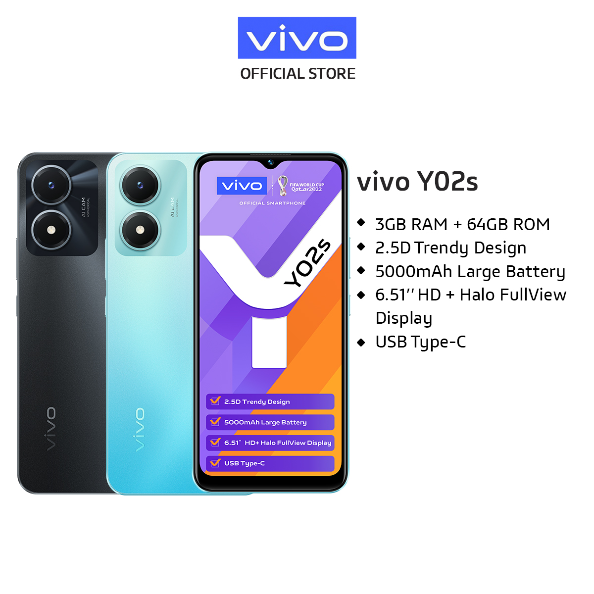 Vivo Y02S [3GB + 64GB 5000mAh电池 + 18W / 6.1“ HD + HALO全视图 / 2.5D时尚设计