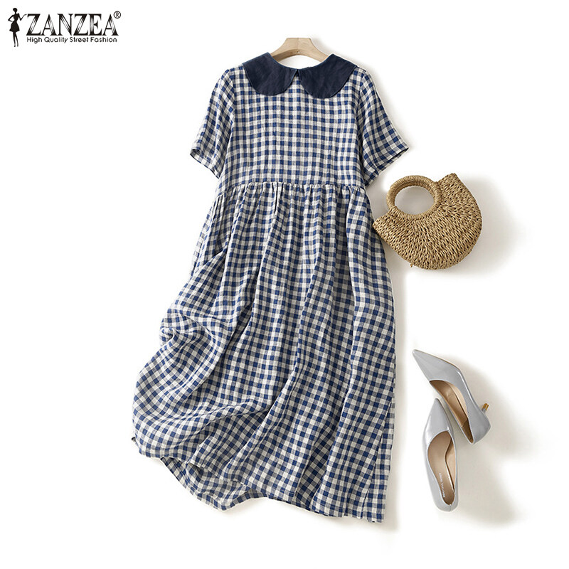 Zanzea女子复古通勤晶格印花长裙时尚翻领百褶裙＃2