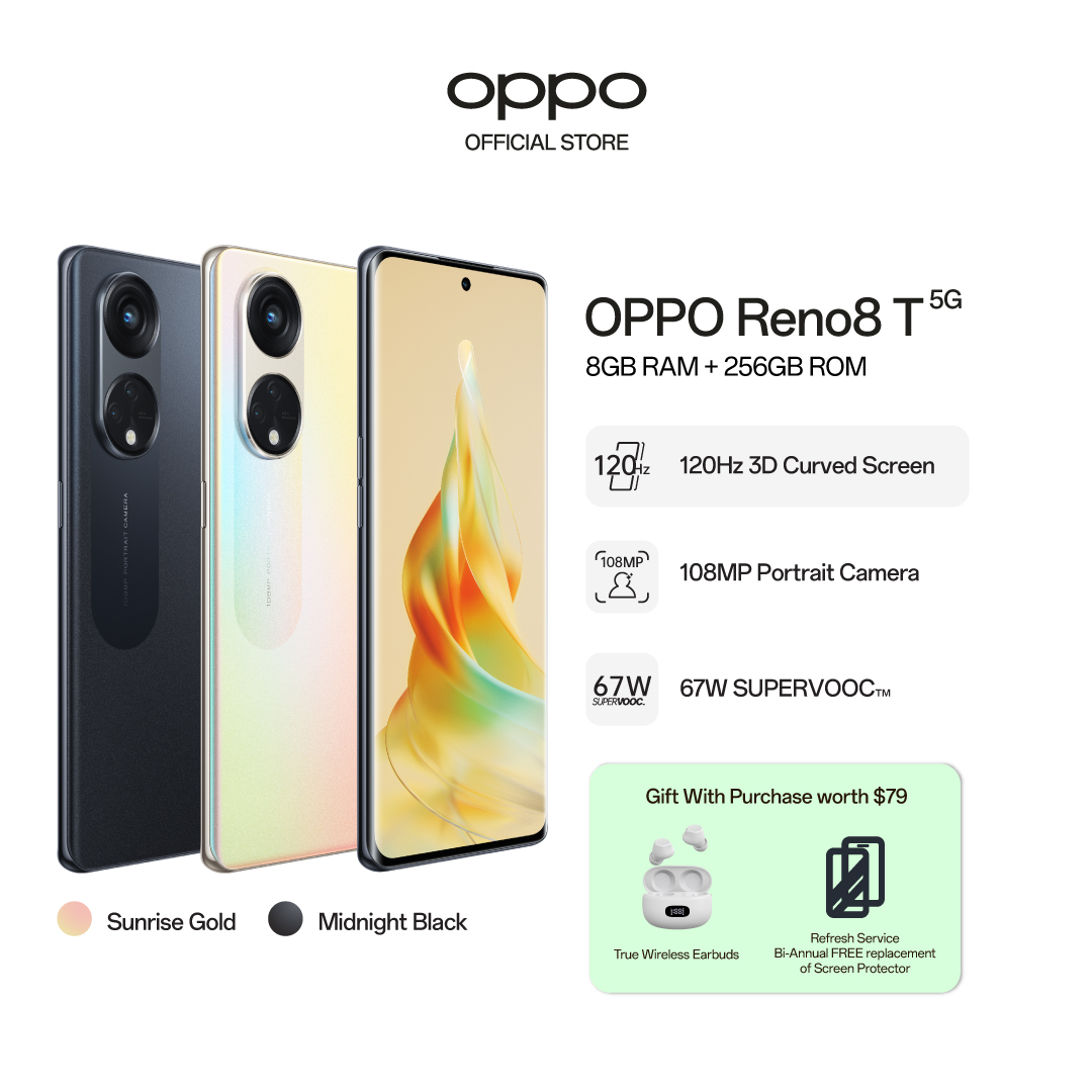 Oppo Reno8 T 5G / 108MP肖像相机 / 120Hz 3D弯曲屏幕 / 67W SuperVOOC /免费的真实无线耳塞的价值$ 79