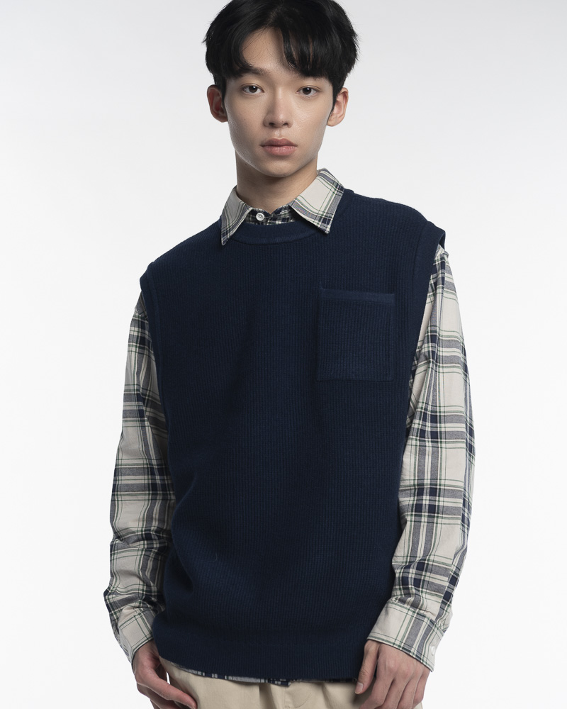 Yishion男子针织圆脖子背心，胸口口袋和肋骨下摆（深蓝色）