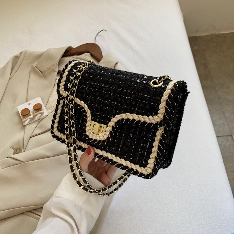 茉莉黑色羊毛女士连锁时尚方形肩袋
